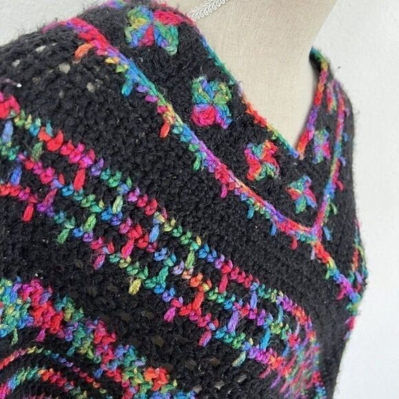 Crocheted Handmade Boho Black Rainbow Loose Knit Fringe Shawl Poncho Sweater OS - Picture 7 of 12